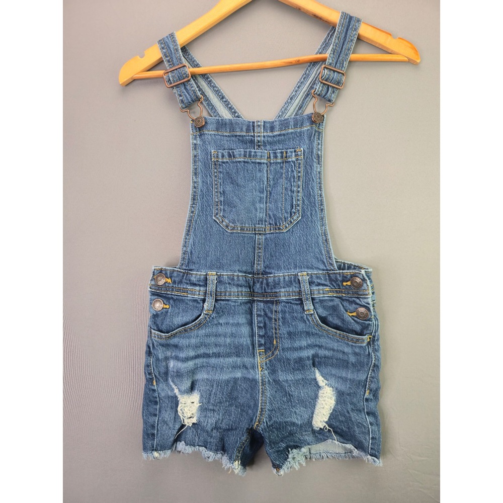 Cat & Jack Denim Shortalls Distressed Bib Overalls M 7/8 Blue Stretch Raw Hem